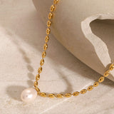 Oval Bead Chain Pearl Pendant Necklace